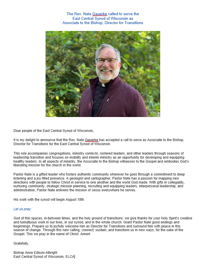 Rev Gauerke Announcement